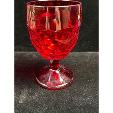Vintage Ruby Red Glass Goblet Thumbprint Pattern Stemware Wine Water Glass picture