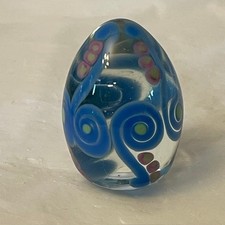 Vintage 1984 Meredith Wenzel Signed Art Glass Egg Paperweight Blue Swirl Murrine picture