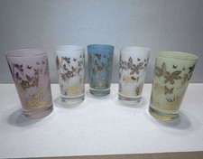 Vintage MCM Frosted Pastel Glass Tumblers Set 5 Culver Style Japan Gold Barware picture