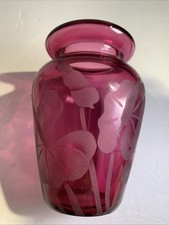 Vintage Correia Signed Art Glass Vase ‘84 Ltd Edition Etched Cranberry 5” Floral picture