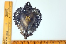 Antique Italian Silver Plated Tin Ex Voto Votive Flaming Heart with Cherub picture