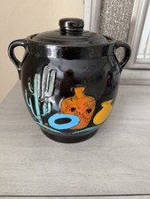 VINTAGE USA CERAMIC BLACK HAND PAINTED CACTUS--MEXICAN POTTERY COOKIE JAR picture