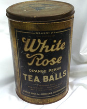 LARGE Vintage 3 lb.  White Rose Orange Pekoe 600 Tea Balls Tin - 11.5 X 8.25