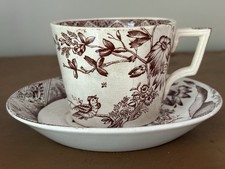 ATQ 1880s Ironstone Brown Transferware Aesthetic Cup Saucer Premium Henkel Bros. picture