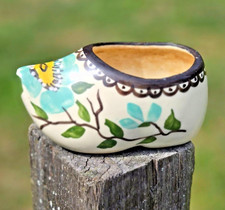 Vintage Hand Painted Dutch Clog Planter Ceramic Shoe vase teal Floral Design picture