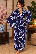 A9 VINTAGE MEDIUM JAPANESE YUKATA COTTON FLORAL KIMONO ROBE W/ MATCHING OBI NAVY picture