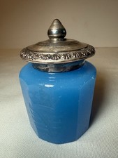 Antique German Blue Opaline Glass Vanity Jar W/ Saxony Kingdom Crest & Lid picture