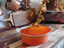 Vintage Le Creuset Dutch Oven Casserole Cast Iron Enamel Flame Pumpkin Orange picture