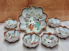 Vintage Japanese Kutani Style Geisha Porcelain Nut Set Bowl 6 Dishes picture