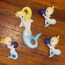 Vintage 1960s MCM Ceramic Pinup Mermaid Wall Plaques Set of Four picture