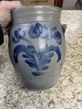 Vintage Stoneware Salt Glaze Blue Cobalt Gray Crock Vase. 9x6x6