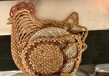 VTG 1970s Woven Wicker Chicken Trivet Set - 4 Pc Boho Farmhouse Hot Pad Holder picture