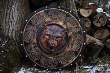 Viking shield with carved massive Wolf head and Norse Drake ornamen New Handmade picture
