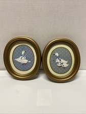 Vtg 1985 Homco Country Duck Set 2 Gold Oval Frames Blue White Goose Cottage Core picture