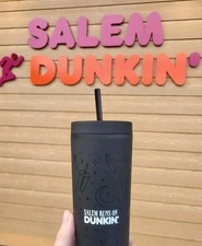 New 2025 Salem MA Runs On Dunkin' Donuts Black Tumbler Cup 18oz HTF LE RARE picture