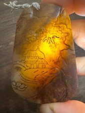 Old Hand Carved Antique Jade Pendant Landscape Scene Mountain Moon Estate picture