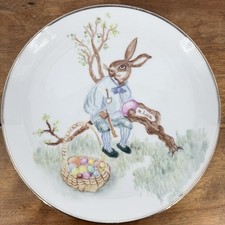 VTG Late 20 Century Easter Plate with Hand Painted Bunny Rabbit Eggs Silver Trim picture
