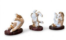 Set of 3 Vintage Tumbling Porcelain & Gilded Unicorn Figurines on Faux Marble picture