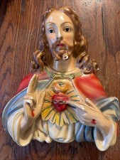 Vintage Rare Italian Chalkware Wall Hanging Of The Sacred Heart Of Jesus picture
