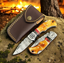 Personalized Damascus Pocket Knife Burnt Camel Bone Handle Custom Engraving picture