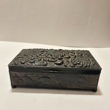 Vtg Metal Lidded Trinket Box Crane Repousse Art Nouveau Asian Silver Plated picture