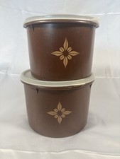 2 VTG Tupperware Brown Canisters W/Clear lids 265-16/264-19 Sunburst Pattern picture