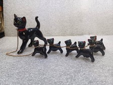 Vintage Black Mother Cat & 6 Kittens On Chain Japan Figurines Cat Brinnco picture