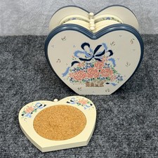 VTG Heart Shaped Coaster & Holder SET OF 6 Wood Cork Floral Basket Shabby Chic picture