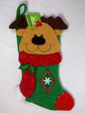 BE JOLLY GREEN FELT w/ PLUSH REINDEER FACE CHRISTMAS STOCKING NEW picture