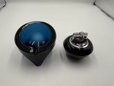 Vintage Mid-Century Cobalt Blue Black Glass Ashtray Table Lighter w/ Chrome Top picture