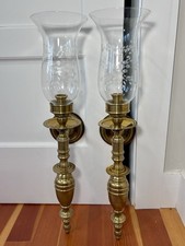 Vintage Pair Solid Brass Wall Candle Sconces w/Etched Glass Hurricane Chimneys picture