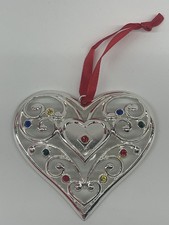 Lenox Sparkle and Scroll Multi Crystal Heart Christmas Ornament Silverplate Box picture