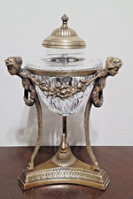 VINTAGE CASTILIAN IMPORTS POLONIA CRYSTAL JAR W/ ORNATE BRASS STAND URN picture