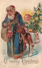 Blue Suit Santa Claus Leading Christ Child Toys Christmas Tree c1904 Postcard picture