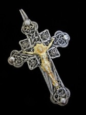 Antique XIX Silver filigree crucifix cross pendant religious jewelry picture