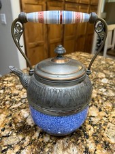 Antique Victorian Blue Graniteware Pewter Teapot Agateware Tea Kettle picture