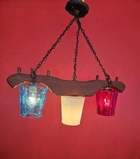 Vtg 1976 Red White & Blue Ox Yoke 3 Light Western Style Hanging Ceiling Lamp picture