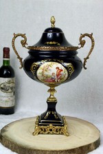 vintage cobalt porcelain centerpiece lidded bowl victorian scene picture