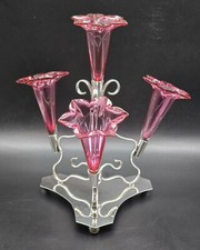 Antique Silver Plated Epergne 4 Cranberry Glass UK Sheffield JT&Co c1900–1930 picture