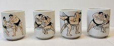 Japanese Sumo Wrestling Porcelain Tea And Coffee Mugs Set Of 4 Cups Rare In Box picture