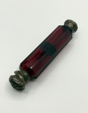 Antique Victorian Ruby Red Glass & Sterling Caps Double Ended Scent Bottle 5” picture