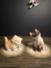 Vintage Ceramic Cat Figurine Lot Retro Siamese & Orange Persian Kitten, Set of 2 picture