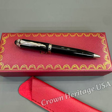 CARTIER Black Lacquer Rollerball Pen Silver Tone Trim Luxury Writing Pen w/ Box picture