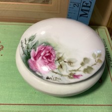 Vtg Hand Painted Porcelain Trinket Box Jewelry Signed Dresser Gift Box Floral 3” picture