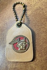 Vintage Mercury Car Key Ring Chain – Leather Backed Red Gold Winged Helmet Logo picture