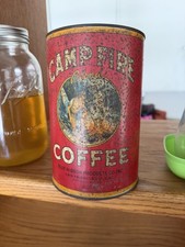 Camp Fire Blend Coffee Tin Can Blue Ribbon Products Co. 1931 Red Yellow Black picture