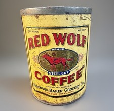 VERY RARE ANTIQUE RED WOLF COFFEE Three POUND TIN CAN KANSAS CITY MISSOURI 3# picture