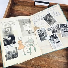 Vintage 1940s Our Baby's Book Blue Gold Scrapbook w Photos & Ephemera & Writings picture