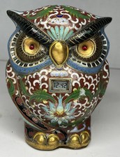 Vintage Chinese Brass Cloisonne Enamel Digital Battery Powered Owl Desk Clock picture
