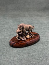Art Deco Wild Boar Figurine Cast Bronze Statuette Base In Obsidian Stone picture